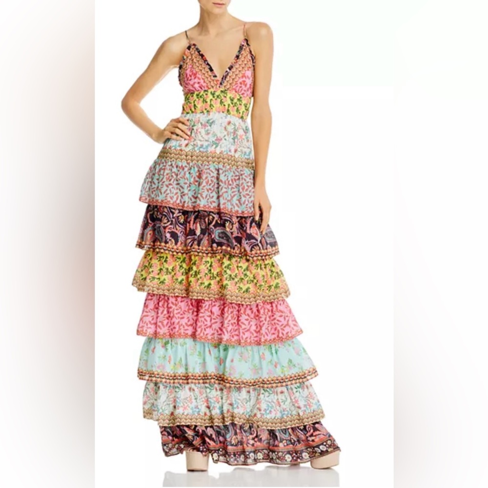 Alice + Olivia Imogene Mixed Print Multicolor Tiered Ruffle Maxi Dress sz 6 EUC